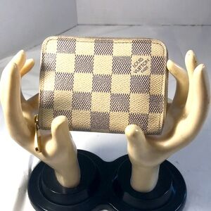 Louis Vuitton Damier Azur Zippy Cream Checkered Canvas Wallet Coin Mini Purse